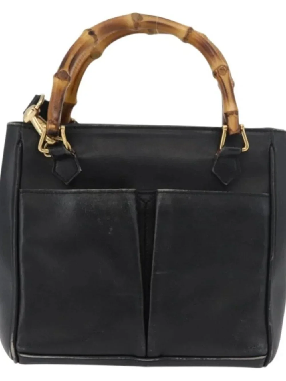 GUCCI Bamboo Hand Bag Leather 2way Black Gold 001 123 1638 Auth 175334